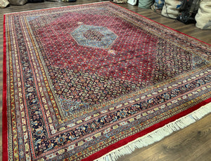 Indo Persian Bidjar Rug 10x14, Red and Dark Blue, Herati Mahi Pattern, Vintage