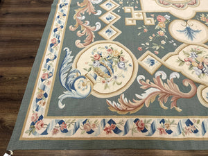 Aubusson Rug 9x12, Muted Sage Green and Cream, European Design