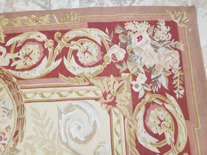 Aubusson Rug 6x9, Elegant Flatweave Rug, Aubusson Savonnerie 6 x 9 Flatweave Area Rug, Cream and Red, Wool Hand Woven Carpet, Medium Size