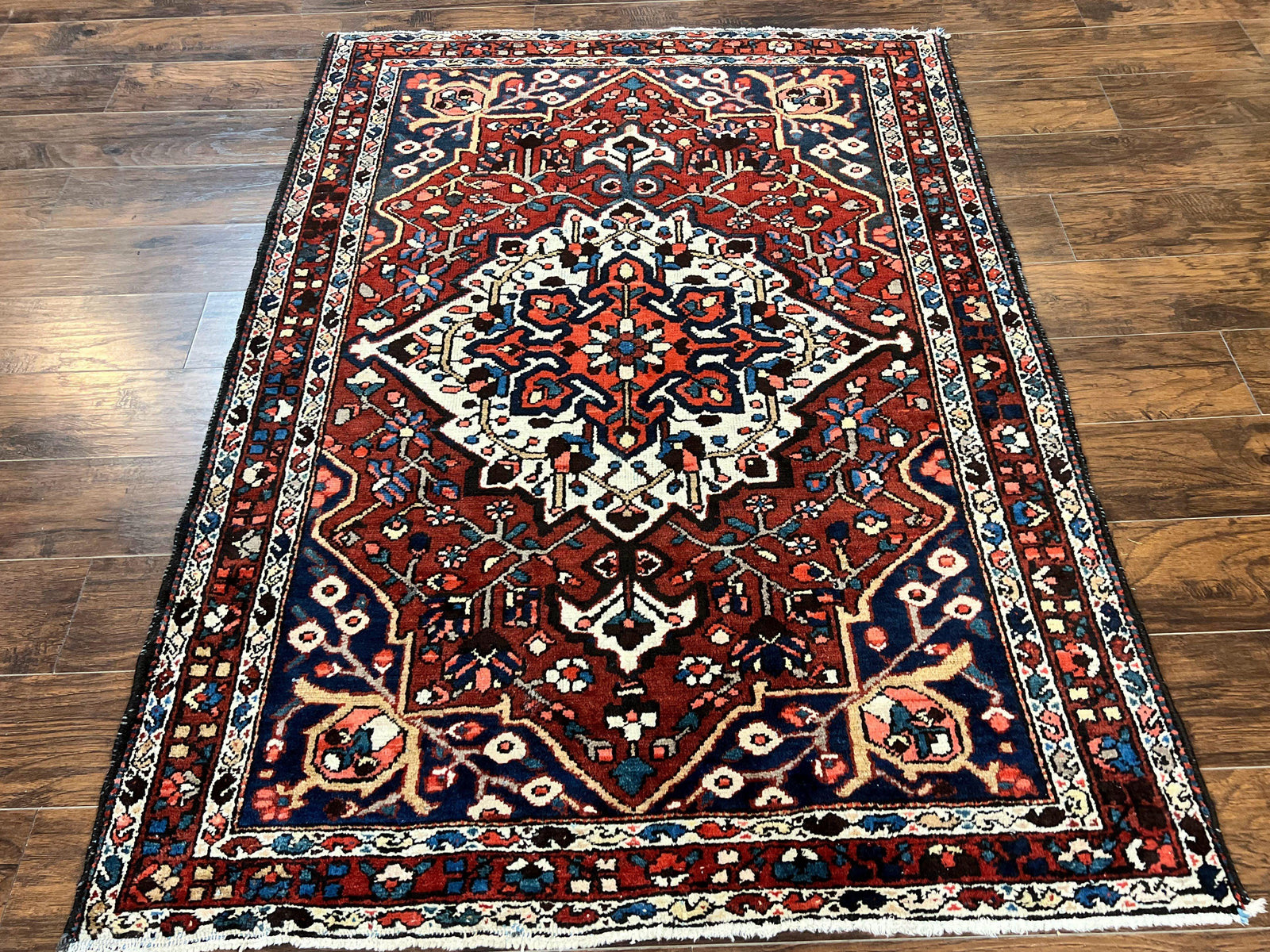 Persian Bakhtiari Rug 5 x 6.6, Tribal Geometric Carpet, Red Ivory, Handmade Wool Medium Sized Oriental Rug, Semi Antique Vintage