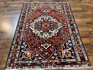 Persian Bakhtiari Rug 5 x 6.6, Tribal Geometric Carpet, Red Ivory, Handmade Wool Medium Sized Oriental Rug, Semi Antique Vintage