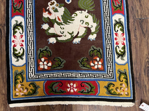 Chinese Peking Rug 3x5 with Animal Pictorial, Brown Ivory Gold Red, Handmade Vintage Chinese Carpet, Art Deco Rug, Unique Asian Oriental Rug