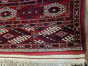 Persian Turkoman Rug 8 x 12.5, Bokhara Turkoman Carpet, Fine Oriental Rug, Vintage Wool Handmade Area Rug, Red Black Cream, Room Sized