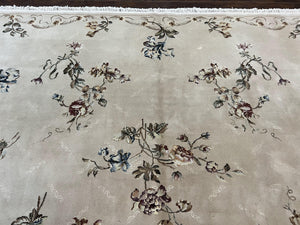 Chinese 120 Line Rug 8x10, Chinese Aubusson Wool & Silk Highlights Handmade Vintage Carpet, Beige Fine Weave Rug, Floral European Design