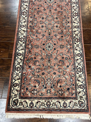 Indo Persian Runner Rug 2.6 x 10, Wool Hand Knotted Vintage Oriental Carpet, Pink & Ivory, Floral Allover, Hallway Rug