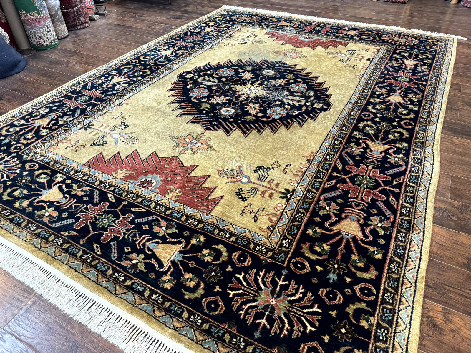 Indo Persian Heriz Rug 8x12, Camel Hair Tan and Navy Blue, Decorative