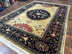 Indo Persian Heriz Rug 8x12, Camel Hair Tan and Navy Blue, Decorative