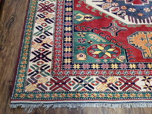 Vintage Turkish Kazak Area Rug, 6ft Square Rug, 6x6 Square Oriental Carpet, Hand-Knotted, Wool, Bold Colors, Red Blue Green, Geometric Rug