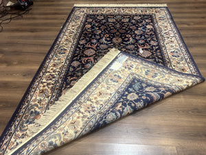 Karastan Rug #747, Indigo Tabriz 5.9 x 9, Wool Carpet Original 700 Series, Vintage Area Rug Allover Floral, Discontinued, Navy Blue Ivory
