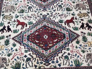 Vintage Indo Persian Area Rug 4.7 x 7.6, Wool Hand-Knotted Ivory Carpet, Animal Pictorials, Elephants Horses Lions, Indian Carpet, Unique