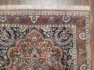 Antique Indian Kashmiri Area Rug 4x6, Wool Hand-Knotted Red & Ivory Floral Medallion Persian Carpet, Vintage Oriental Entryway Rug 4 x 6