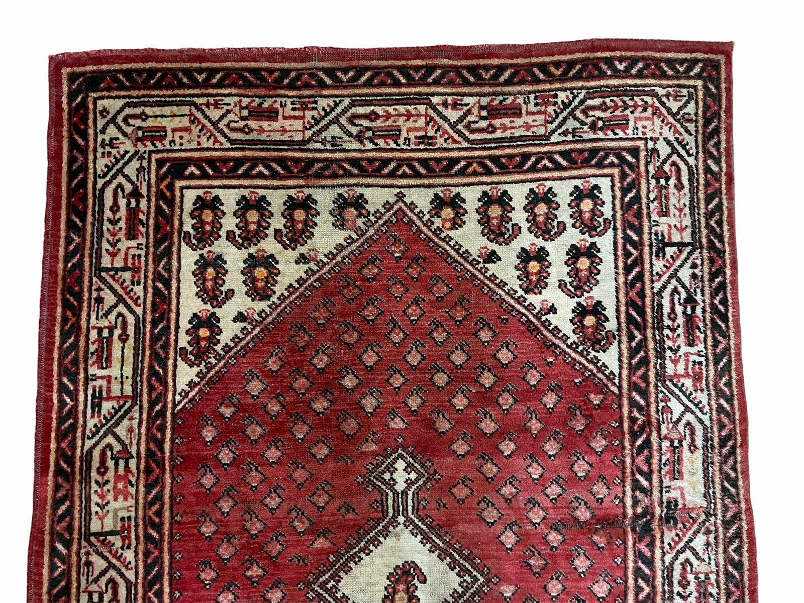 4 X 6.5 Antique Handmade Wool Rug Paisley Boteh Design Tribal Rug Red Ivory