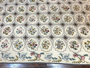 Needlepoint Rug 10x14, Wool Handmade Vintage Needlepoint Carpet, Floral Panel Design, Ivory/Cream