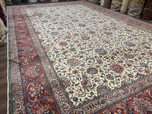 Ivory Persian Sarouk Rug 13x20, Palace Size Carpet, 225 KPSI, Traditional Wool Handmade Vintage Extra Large Rug 13 x 20 ft, Allover Pattern,