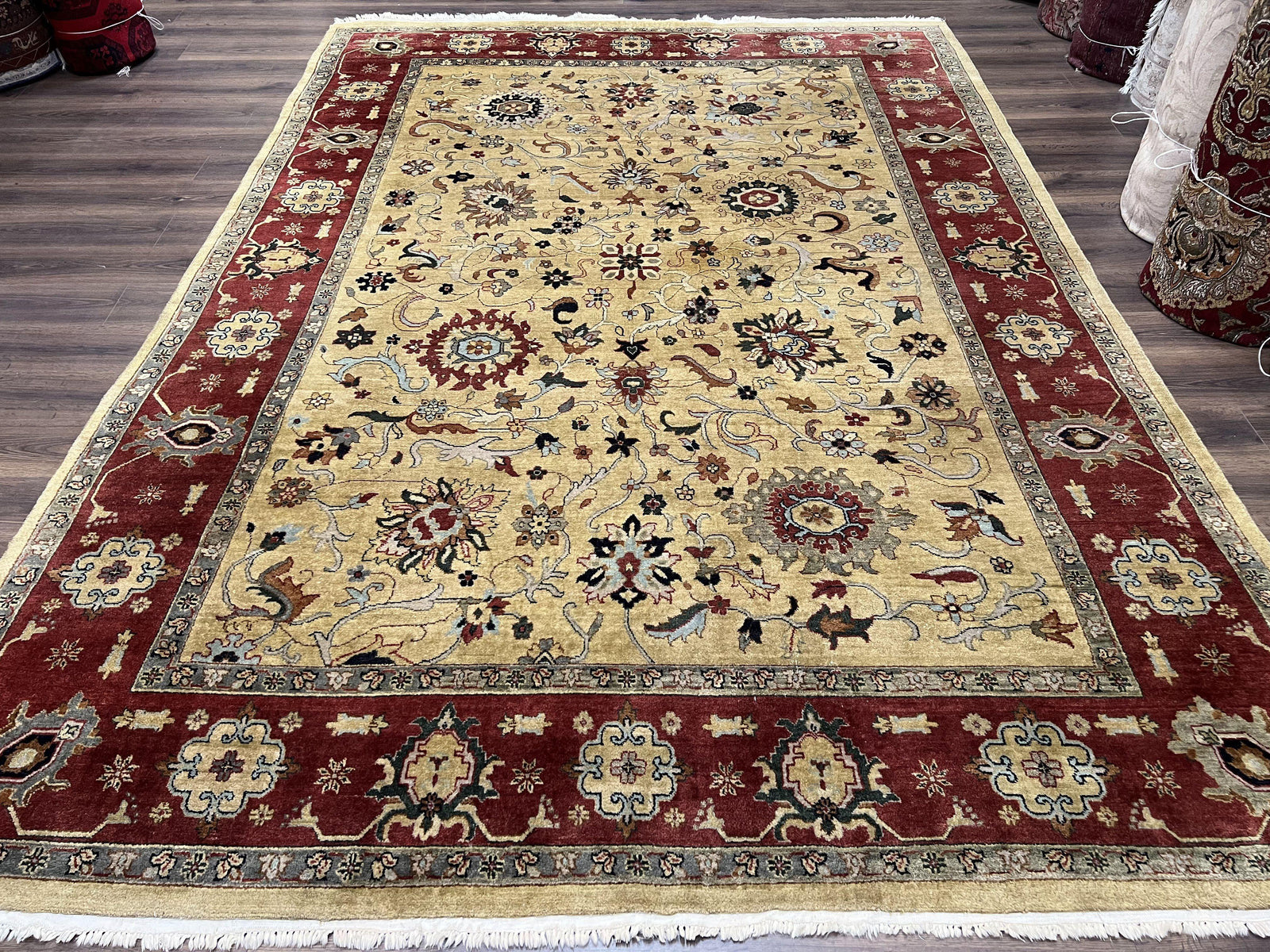 Indo Persian Mahal Rug 8x12, Wool Hand Knotted Oriental Carpet, Light Gold and Burgundy, Floral Allover, Vintage Room Sized Area Rug 8 x 12
