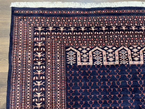 Pakistani Rug 8x11, Hand Knotted Wool Carpet, Navy Blue Red Beige, Four Season Hatchli Design, 8 x 11 Vintage Fine Oriental Rug, Room Sized