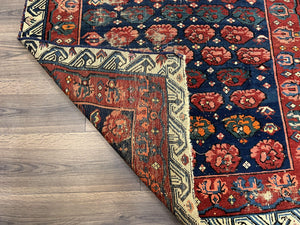 Antique Seychour Rug 4x7, Collectible Kuba Caucasian Carpet, Wool Handmade, Red Navy Blue Cream, Repeated Allover Motif, Early 20th Century