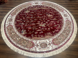 Large Round Turkish Silk Rug 8x8, Hunting Design, Dark Red & Ivory, Bamboo Silk