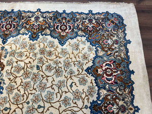 Persian Kashan Rug 9 x 12.6, Ivory and Blue, Floral Medallion, Wool Hand Knotted Semi Antique Carpet