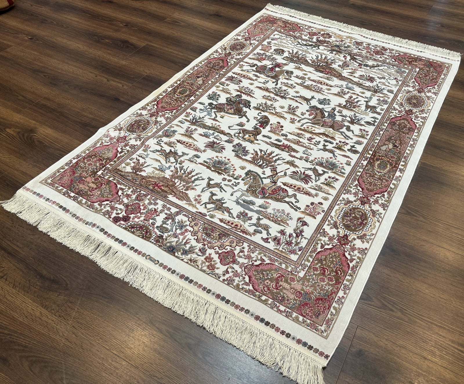 Turkish Silk Hunting Scene Rug 4x6, Ivory, Bamboo Silk, New