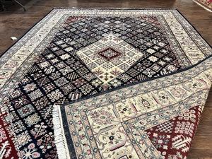 Indo Persian Rug 10x14, Large Wool Hand Knotted Vintage Carpet, Navy Blue & Ivory, 10 x 14 Room Sized Traditional Oriental Rug