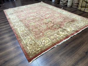 Indian Rug 8x11, Coral and Beige, Floral, Traditional Vintage Wool Carpet