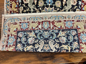 Wonderful Persian Isfahan Rug 2.4 x 4, Animal Pictorials Deer, Floral, Handmade Vintage Navy Blue Small Persian Carpet, Very Fine 430 KPSI Kork Wool