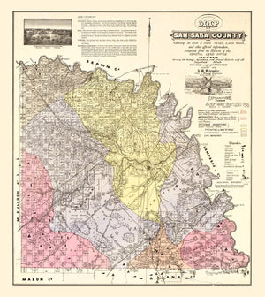 Vintage Map of San Saba County, Texas 1876
