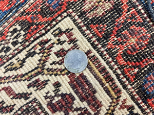 Persian Kurdish Rug 5x6, Wool Hand Knotted Vintage Carpet, Red Blue Cream, Boteh Paisley Pattern, 5 x 6 Medium Sized Oriental Rug