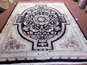 8x10 Aubusson Rug, Fine Hand Knotted Wool Carpet, French European Design, Black & Ivory