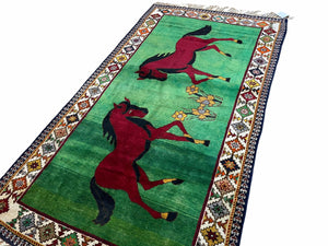 4 X 7 Handmade Rug Zagros Quality Wool Pictorial Horses Green Butterfly Colorful