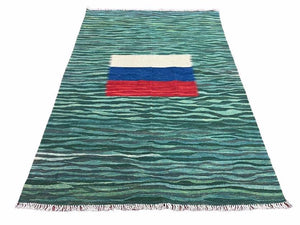 Sea Green Kilim Area Rug, White Blue Red Stripes, Russian Flag Rug, Flatweave Hand Knotted Carpet, Turkish Carpet, Wool, New, 5' 6" x 7' 10"