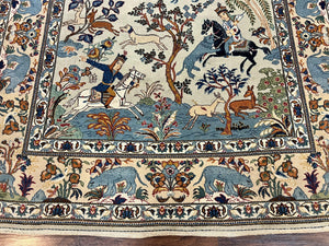 Persian Kashan Pictorial Rug 4.6 x 7, Hunting Scene, Signed by Masterweaver, Animal Pictorials, Rare, Handmade, Wool, Vintage, Very Fine