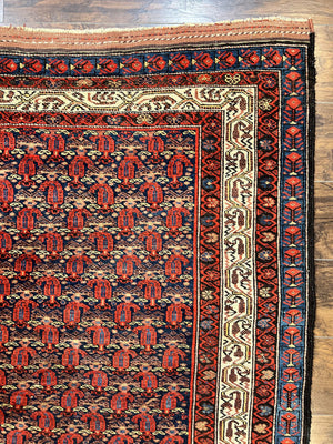 Persian Kurdish Rug 5x6, Wool Hand Knotted Vintage Carpet, Red Blue Cream, Boteh Paisley Pattern, 5 x 6 Medium Sized Oriental Rug