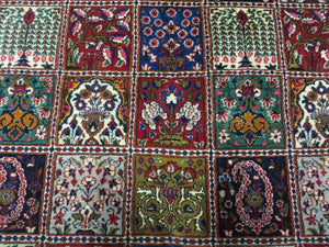 Wonderful Persian Bakhtiari Rug 8x11, Panel Design Animal Pictorials, Handmade Semi Antique Vintage Oriental Carpet, Multicolor Room Sized Wool & Silk