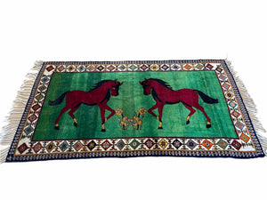 4 X 7 Handmade Rug Zagros Quality Wool Pictorial Horses Green Butterfly Colorful
