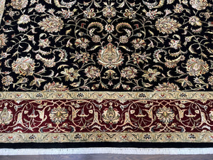 Indo Persian Rug 8x10, Black and Maroon Floral Allover Wool and Silk Oriental Carpet 8 x 10 ft, Hand Knotted Traditional Vintage Room Sized