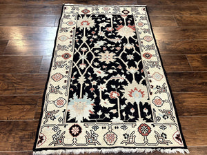 Turkish Flatweave Kilim Rug 3x5, Black, Handmade Vintage Wool Carpet