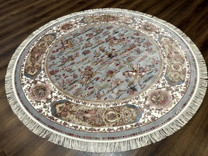 Round Silk Rug 6x6, Hunting Design, Bamboo Silk, Animal Pictorials