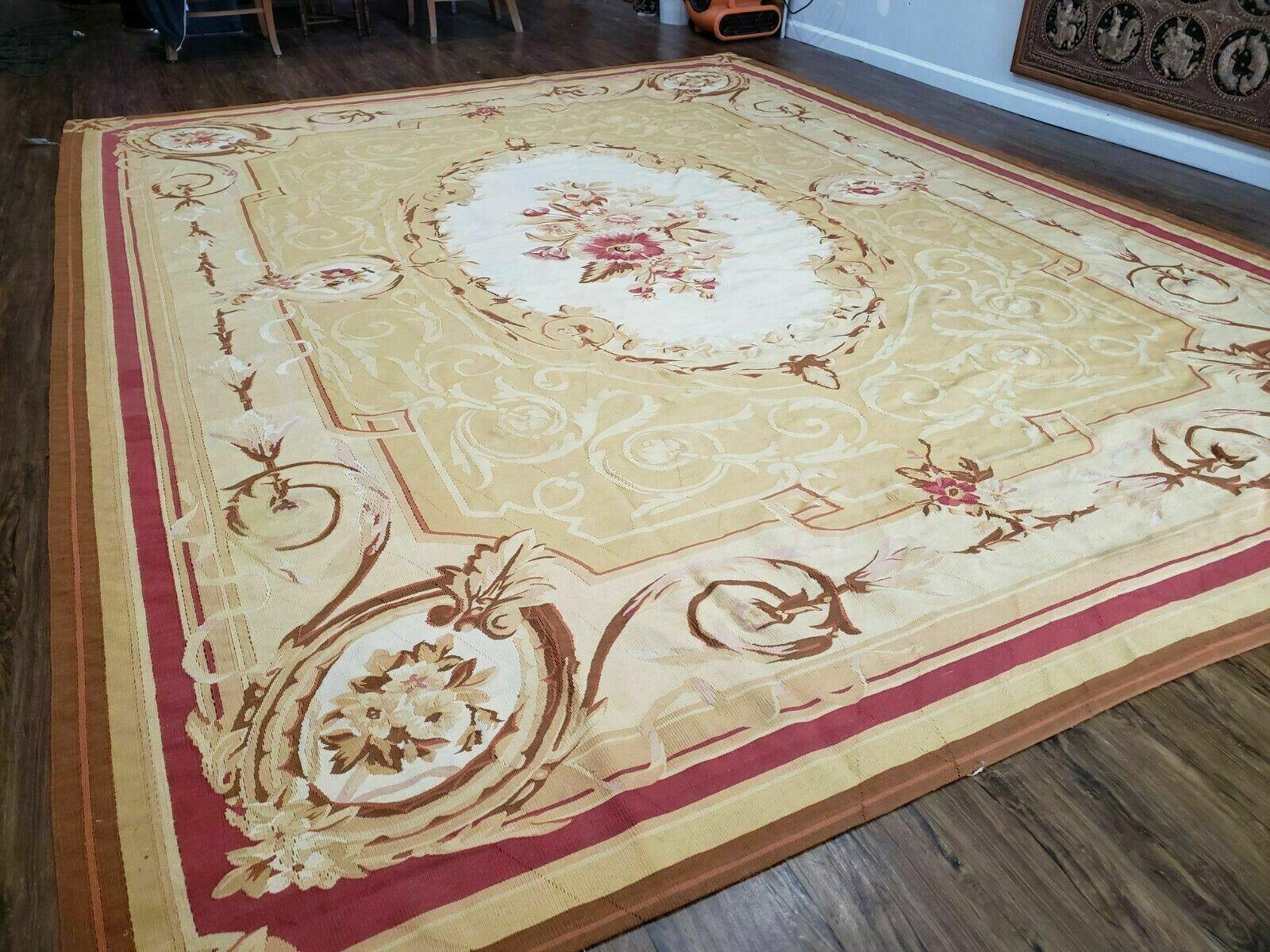 Aubusson Rug 10x13, Savonneire Carpet 10 x 13 ft, Handmade Vintage Flatweave Room Sized Wool Floral Aubusson, Cream/Tan Ivory Reds Pinks