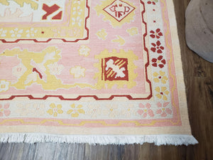 Large Turkish Kilim Carpet 10x14, Vintage Hand-Knotted Turkish Kilim Rug 10 x 14, Pink Cream Yellow Red, Decorative, Geometric, Unique