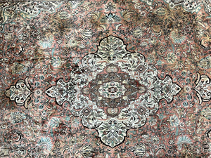 Indian Kashmiri Silk Rug 9x12, Vintage Rug 9 x 12 ft, Salmon Ivory Black Hand-Knotted Silk on Cotton Oriental Floral Carpet, Traditional Rug