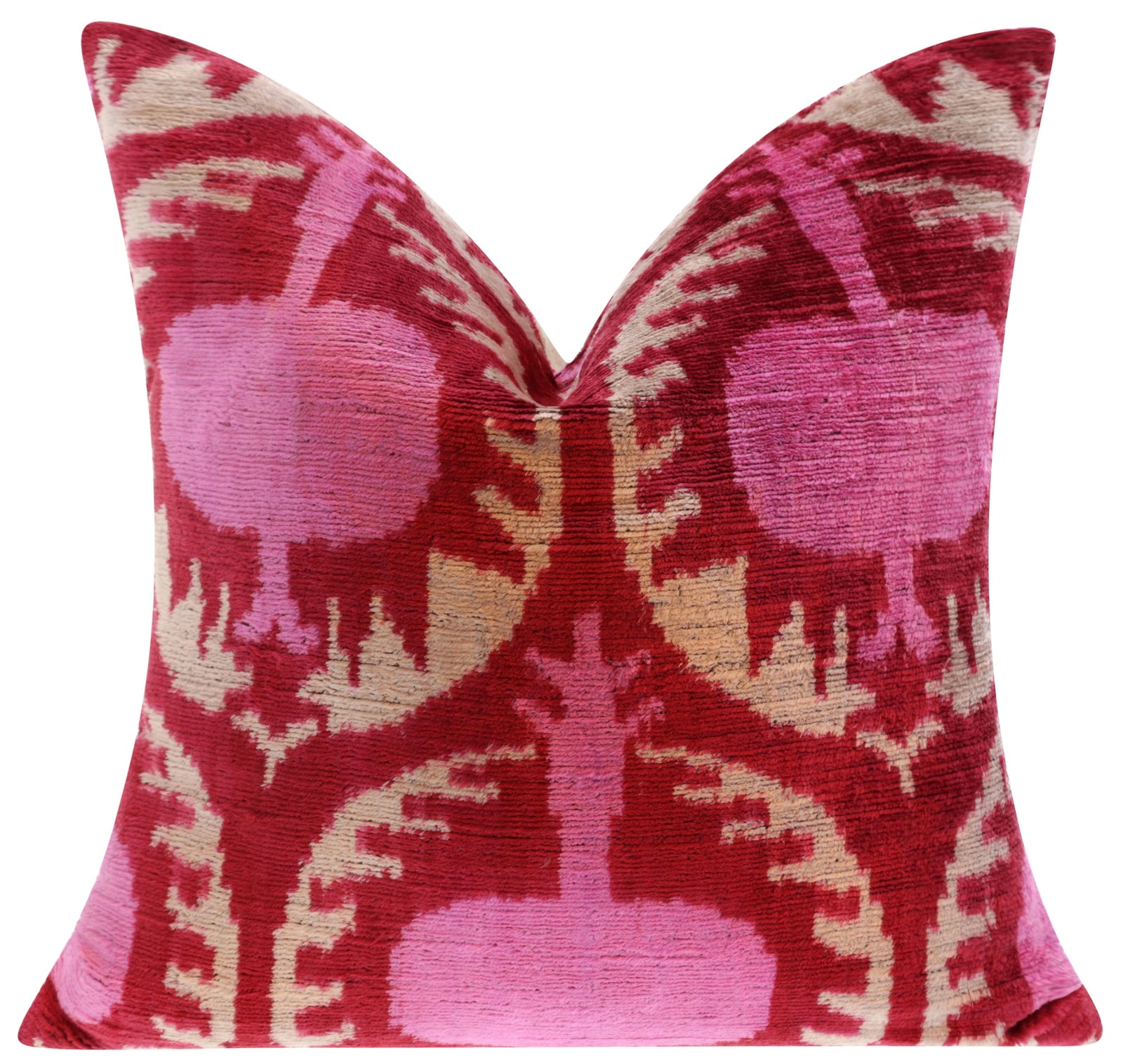 Handmade Silk Velvet Throw Pillow - 16x16, Red and Pink Traditional Design with Down Feather Insert