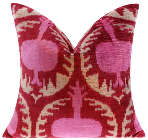 Handmade Silk Velvet Throw Pillow - 16x16, Red and Pink Traditional Design with Down Feather Insert
