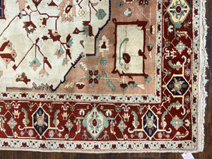 Indo Heriz Rug 9x12, Geometric Indo Persian Room Sized Decorative Area Rug 9 x 12 ft, Cream Navy Blue Pink Handmade Vintage Wool Carpet