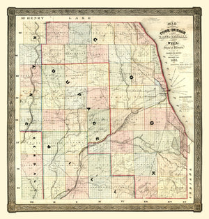 Vintage Map of Kane County, Illinois 1851