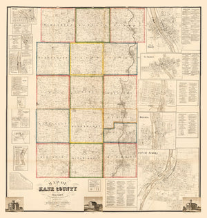 Vintage Map of Kane County, Illinois 1860