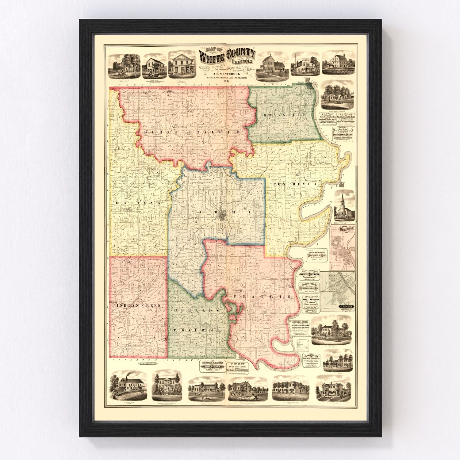 Vintage Map of White County, Illinois 1871