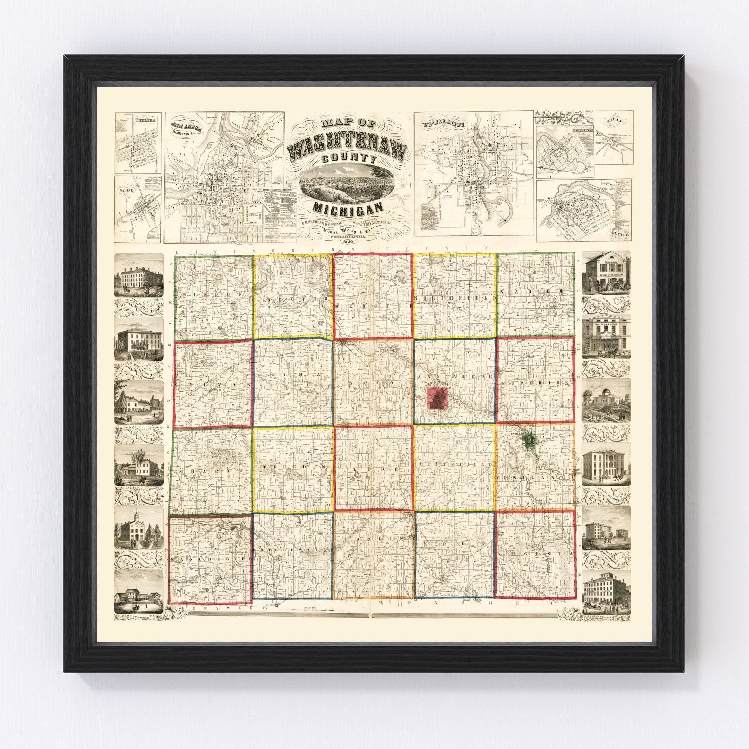 Vintage Map of Washtenaw County, Michigan 1856