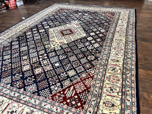 Indo Persian Rug 10x14, Large Wool Hand Knotted Vintage Carpet, Navy Blue & Ivory, 10 x 14 Room Sized Traditional Oriental Rug